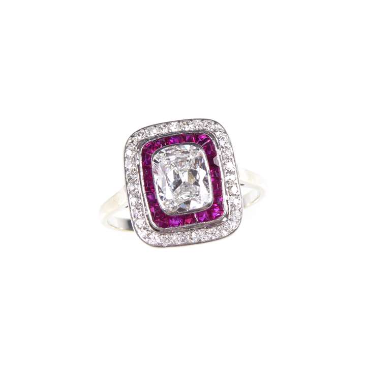 Art Deco cushion cut diamond and ruby oblong cluster ring